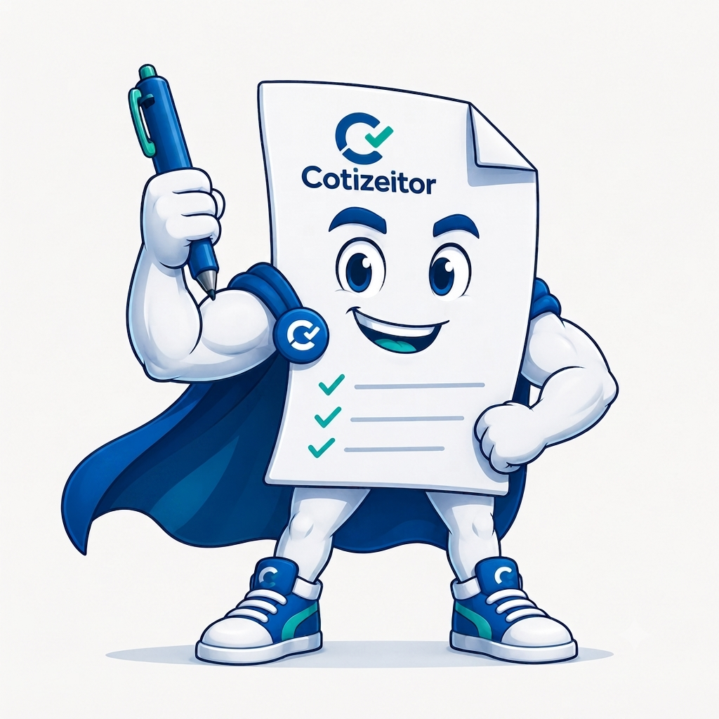 Mascota de Cotizeitor: un documento sonriente con capa y pluma
